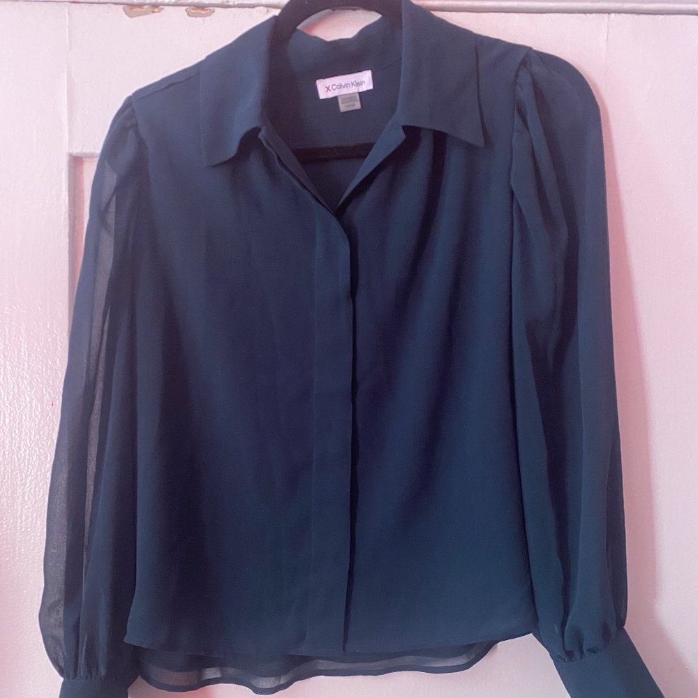 X Calvin Klein Sheer Blouse in Forest Green